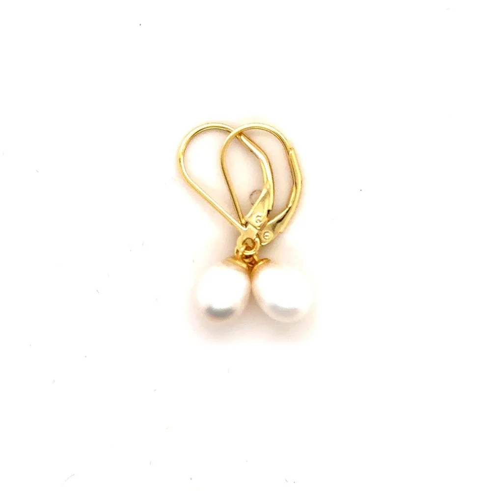 Gold Over Sterling Silver 925 Freshwater Pearl Leverback Drop Earrings White